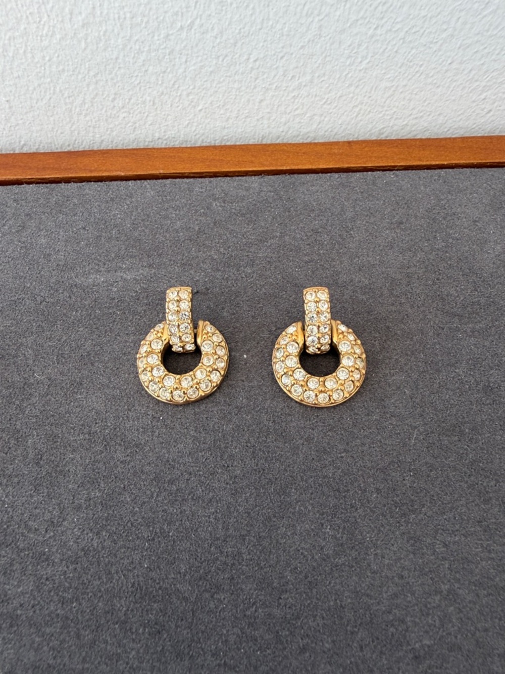 Vintage Swarovski Circle Drop Earrings – Gold Tone, Pave Crystal – 1 Inch